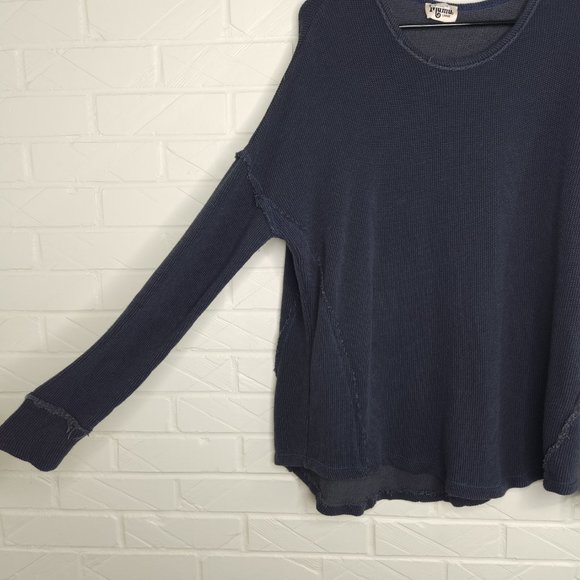 SMYM Mineral Wash Navy Blue Thermal Waffle Knit Top Drop Sleeve Oversize L - Picture 2 of 4